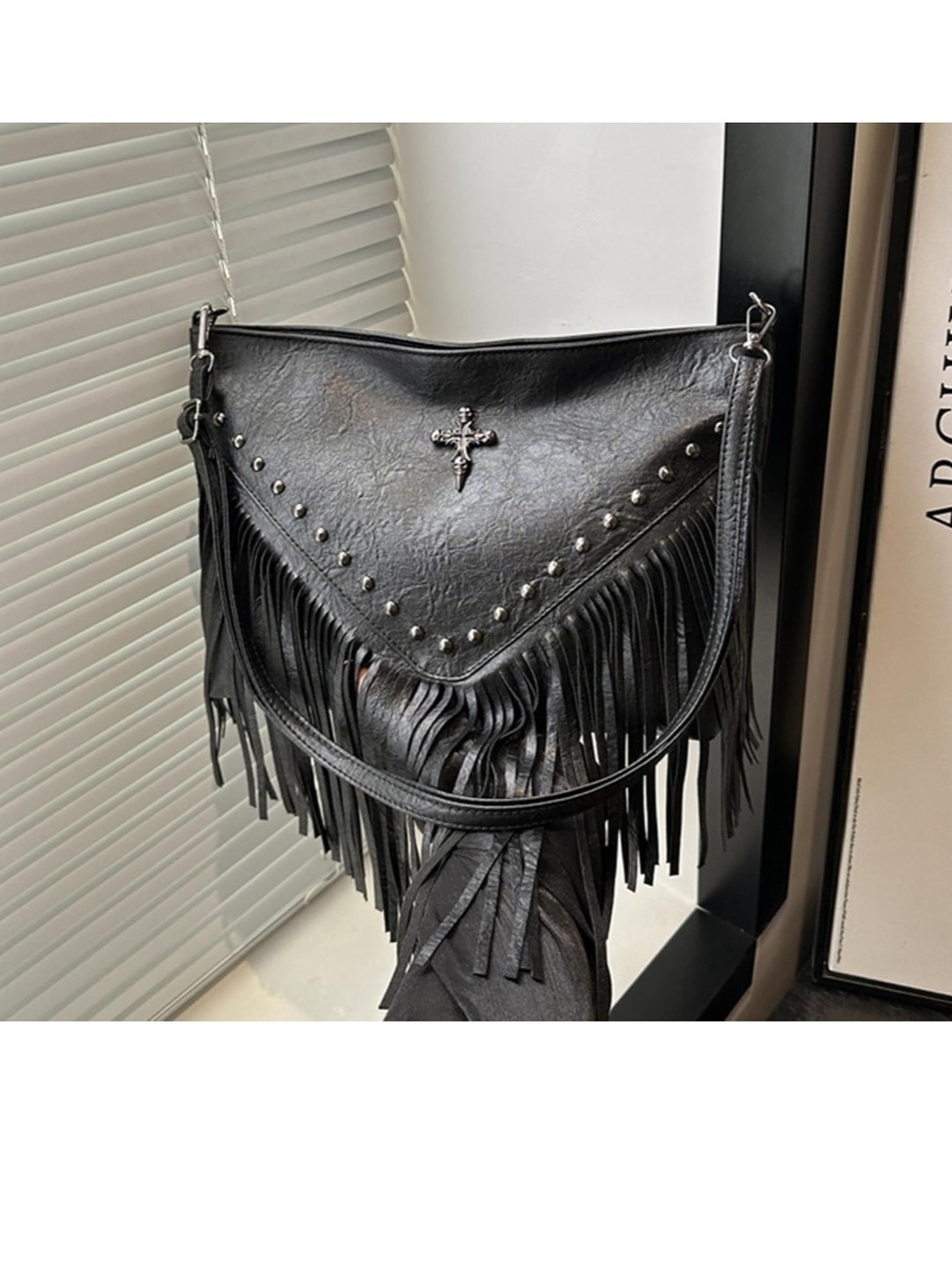 Black Fringe Cross Accent Shoulder Bag